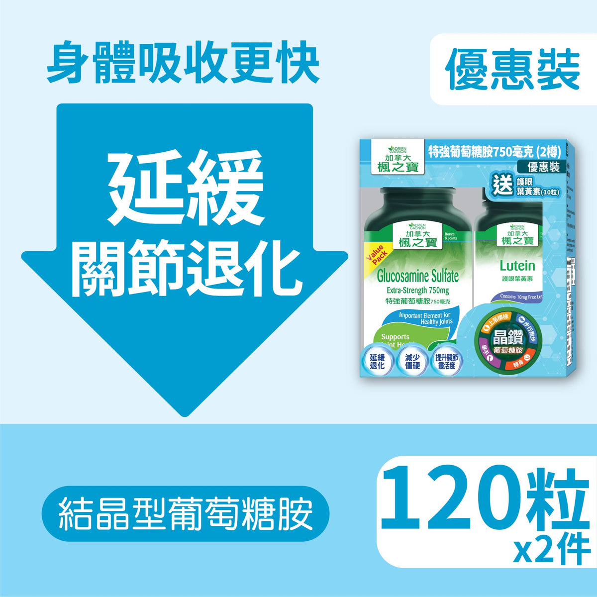 特強葡萄糖胺750毫克 (120粒 x 2) + 護眼葉黃素 (10粒 x 1) 優惠裝