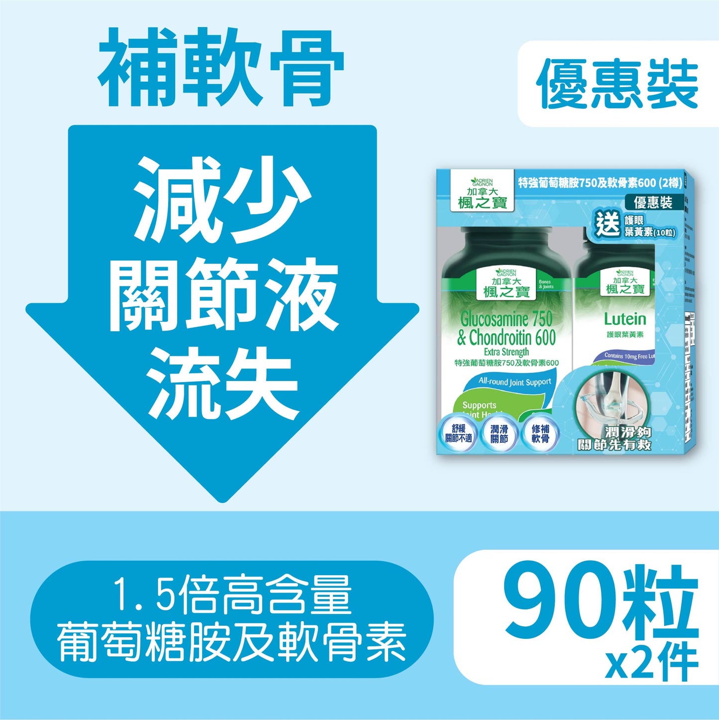Glucosamine 750 & Chondroitin 600 Extra Strength (90 Tablets*2) +Lutein (10 Softgels) Bonus Pack