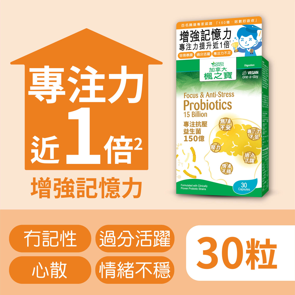 Focus & Anti-Stress Probiotics 15 Billion (30 CAPSULES)