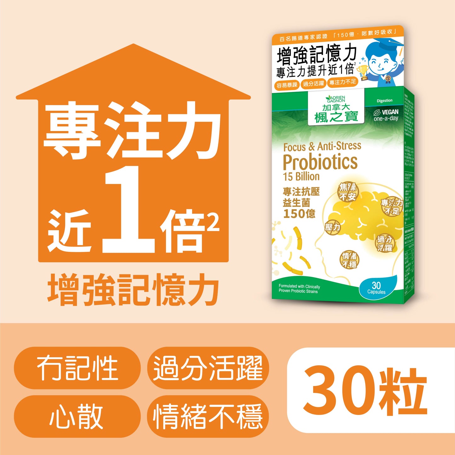 Focus & Anti-Stress Probiotics 15 Billion (30 CAPSULES)
